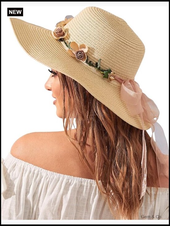Scalloped Wide Brim Straw Sun Hat Boho Beaded Beach Hat main image 5